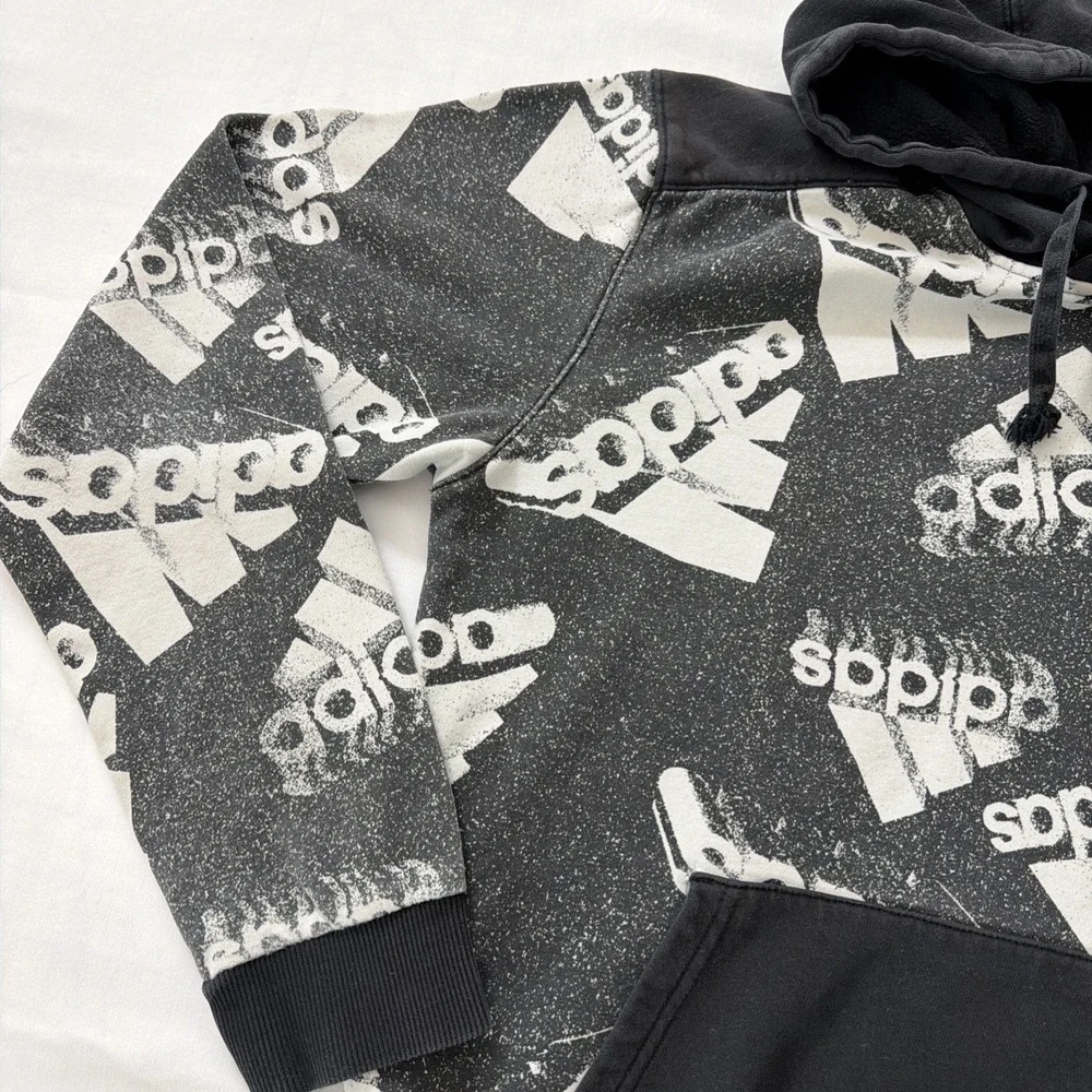 Adidas Mens All Over Logo Print Hoodie Black White Distressed Graphic Sweatshirt